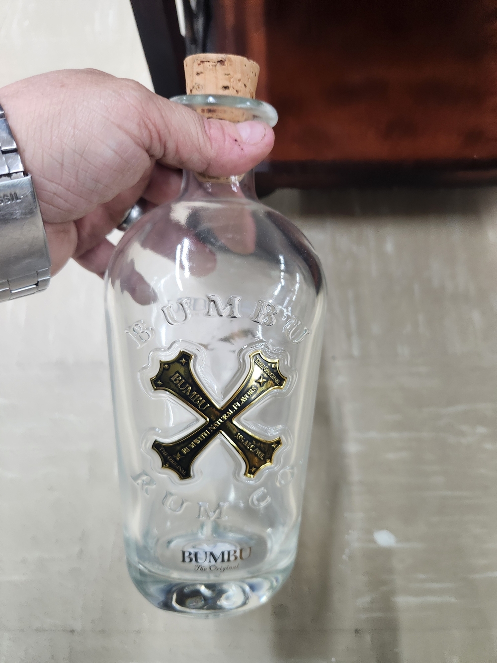 Bumbu Rum Glass Bottle with Cork - Clear with Gold Accents